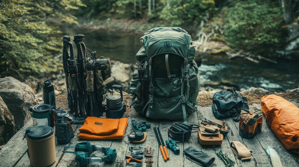 Hiking gear including a backpack, camping stove, and tools arranged on a rock with a forest background.