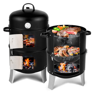 Double-Walled Charcoal Smoker Grill – 47x41.5x82cm Black Outdoor BBQ Cooker - Outriva