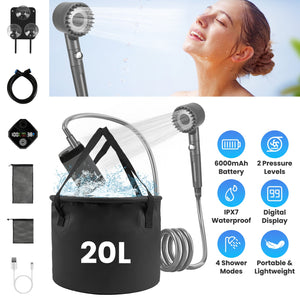 Portable Camping Shower with 6000mAh Battery – IPX7 Waterproof Shower Head & 5.3 Gallon Foldable Bucket - Outriva