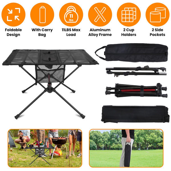 Portable Folding Camping Table – Aluminum Beach Table with Cup Holders & Side Pockets - Outriva
