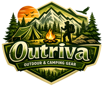 Logo of Outriva, an outdoor and camping gear brand, featuring a mountain, tent, and campfire scene.