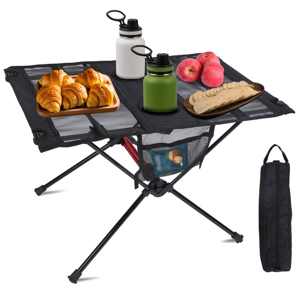 Portable Folding Camping Table – Aluminum Beach Table with Cup Holders & Side Pockets - Outriva