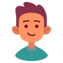 Illustration of a person with purple hair and a teal shirt on a white background