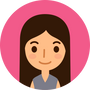 Cartoon character with dark hair and a pink circle background